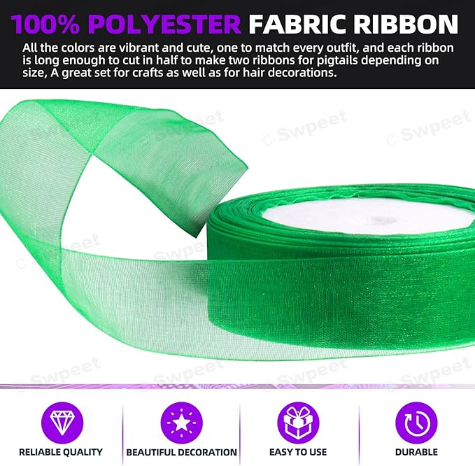 Swpeet 2 Rolls 50 Yards x 1 Inch Green Shimmer Sheer Fabric Ribbons Organza Ribbon, Transparent Sheer Ribbon Chiffon Fabric Ribbons for Bouquets Wedding Birthday Decoration
