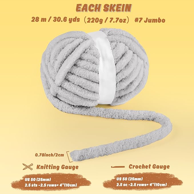 inhand 8 Pack Chunky Chenille Yarn for Crocheting– 30.6 Yards, 7.7oz, Super Bulky, Soft Fluffy Plush Yarn for Hand or Arm Knitting– Ideal for Blankets, Crafts & DIY Projects (Light Gray)