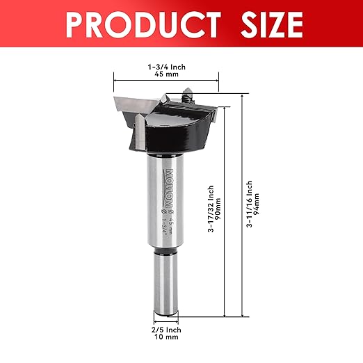 Mollom 1-3/4" (45mm) Forstner Drill Bit for Precise Woodworking with Durable YG8 Carbide Thickness of 2.0mm,This Hinge Cutter Tool is Ideal for Hard Wood, Plastic, Plywood