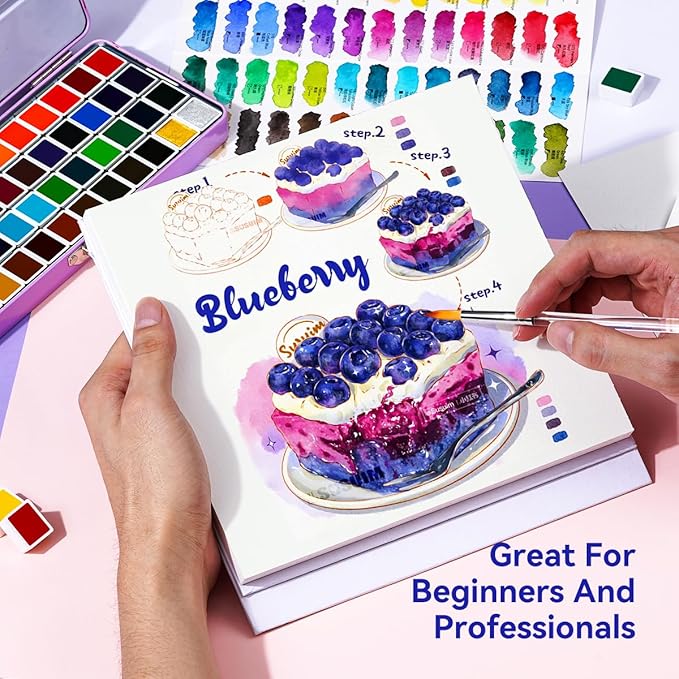 Travel Watercolor Set, 52 Colors Watercolor Paint with 1 Drawing Pencil, 1 Paint Brush, 5 Watercolor Paper, 1 Sponge & 1 Black Drawing Pen, Water Colors Paint Adults Set, Purple Case