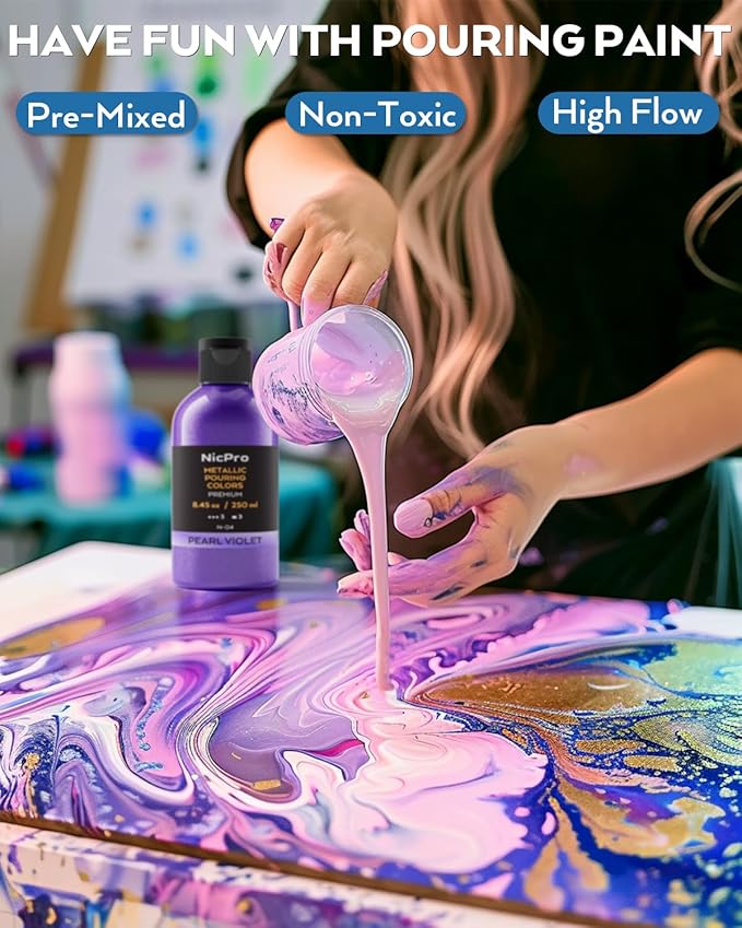 Nicpro 8 Colors 8.45oz Metallic Acrylic Pour Paint Supplies Kit, Large Volume Ready to Pour Premixed High Flow Pouring Paint Set with Silicone Pouring Oil, Gloves, Instructions for Beginner DIY