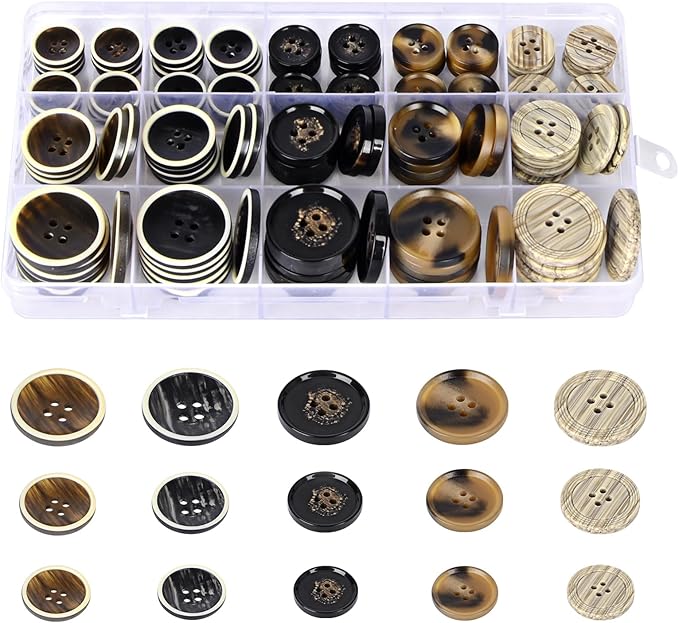 110Pcs Mixed Sewing Buttons, 4-Hole Craft Round Blazer Buttons, 5 Color 3 Size (15mm, 20mm, 25mm) Suit Coats Resin Button, Suitable for Variety Clothing Sewing, DIY Craft (Style D)