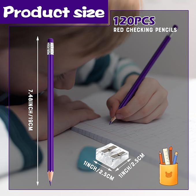 120 PCS Purple Checking Pencils Erasable Colored Pencils with Eraser Pre-Sharpened 2 HB for Checking, Grading, Tests & Office/School Supplies (Purple)