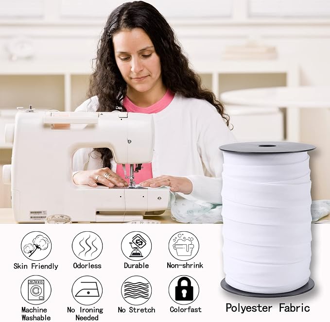 Bias Tape Double Fold 1 inch, Double Fold Bias Binding Tape 55 Yards (White) and 4 Pieces Sewing Fabric Chalks for Crafts, Sewing, Seaming, Hemming, Piping, Quilting.