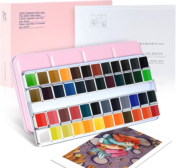 Paul Rubens Artist Grade Watercolor Paint, 48 Colors Solid Cakes with Palette and 100% Cotton Hot Press Watercolor Block for Artists, Beginners, Hobbyists, Students