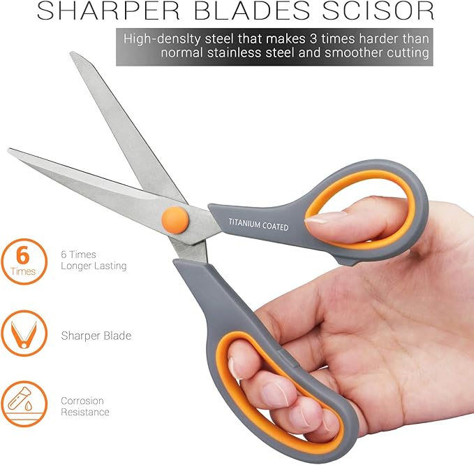 Scissors 8" Multipurpose Titanium Coated Sturdy Sharp Scissors Right/Left Handed Comfort-Grip Handles for Office Home School Sewing Fabric Craft Supplies Gray
