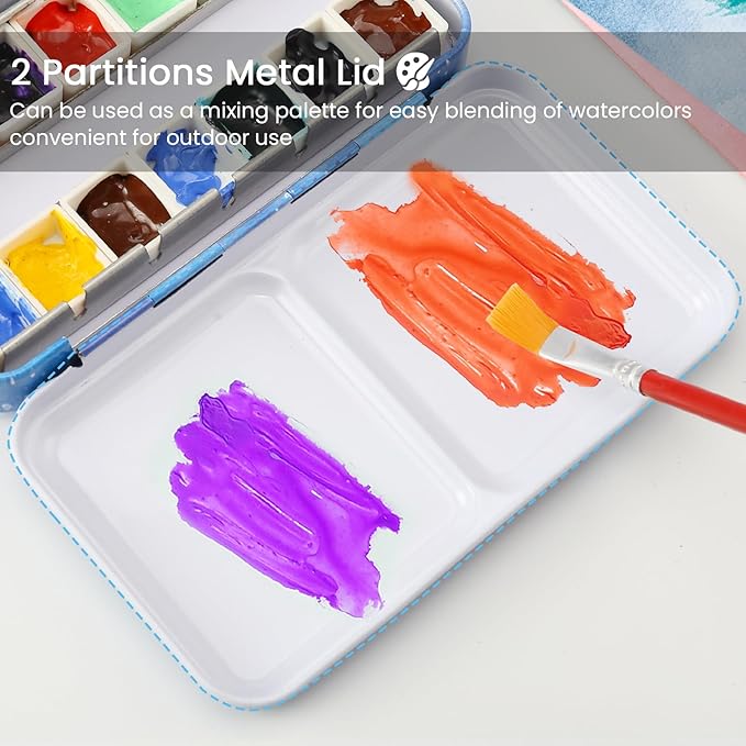 Empty Watercolor Palette Tin - Sturdy Watercolor Tin with Paint Tray and 14PCS Empty Watercolor Half Pans - Customizable Portable Metal Watercolor Tin