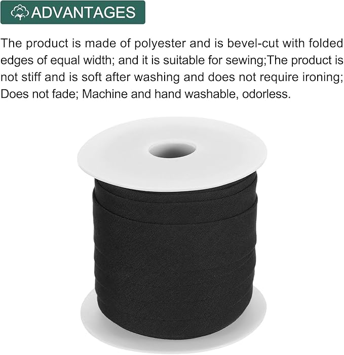 MECCANIXITY 1 Inch Single Fold Bias Tape Polyester Continuous Bulk Bias Tape for Sewing, Seaming Quilting Hemming Binding Crafts (Black 25 Yards)