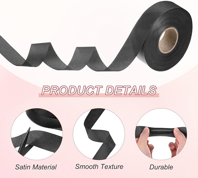M METERXITY 1-Pack Extra Wide Single Fold Bias Tape, 1 Inch x 55 Yards Satin Bias Tape for Sewing/Seaming/Quilting/Hemming/DIY Crafts/Quilt Binding [Black]