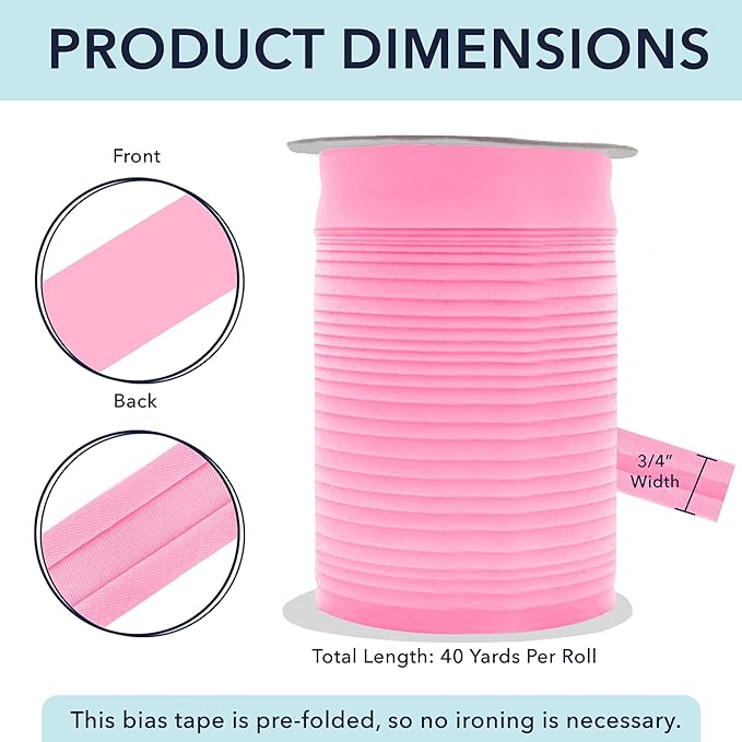 Mandala Crafts 3/4 Inch Single Fold Bias Tape for Sewing, Quilting, Piping, Hemming, Blanket & Quilt Binding – 40 Yards Pink Fabric Seam Binding Tape