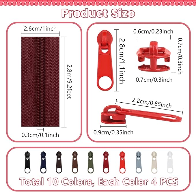 DOITEM 31 Yards 10 PCS Sewing Zippers #3 Nylon Coil Zippers Assorted Zipper for Sewing with 40 Zipper Sliders for DIY Tailor Sewing Crafts Supplies, 10 Colors