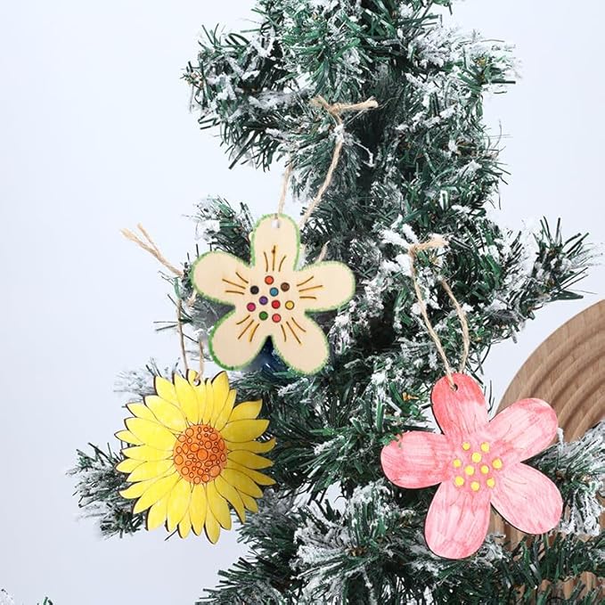 60 Pcs Wooden Ornaments, BetterJonny 3.15 * 2.56in Unfinished Natural Wood Slices with Holes Blank Wood Discs with 60pcs Jute Rope for DIY Christmas Decoration