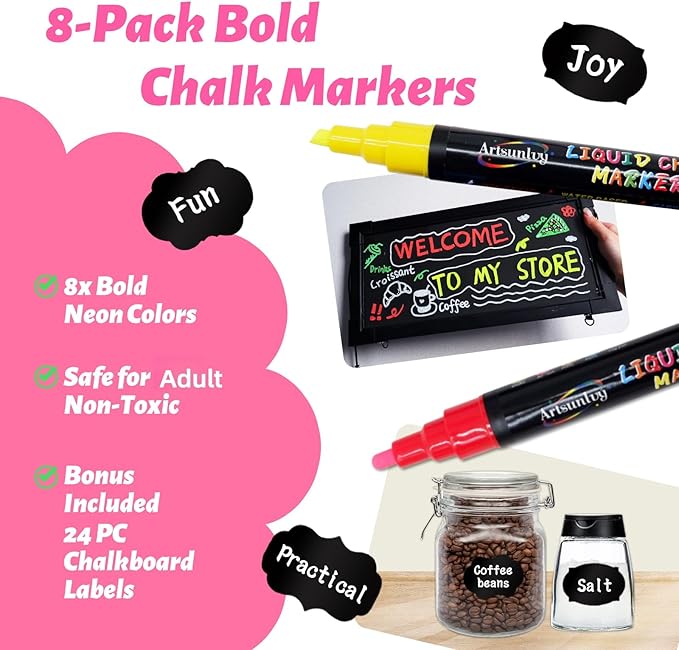 8 Colors Chalk Markers, Chalk Pens, Erase Marker, Non-Toxic, Water-Based, Reversible Tips, Chalkboard Markers for Adult, Car Windows, Glass
