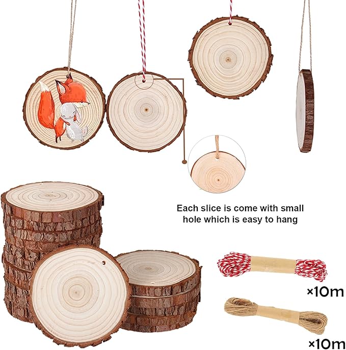 Wood Slice Ornaments 54 Pcs 2.4-2.8 Inches,Unfinished Natural Wood Cookies,Predrilled with Hole Wood Slices for Crafts,Christmas Ornaments Wedding Decorations etc. ﻿