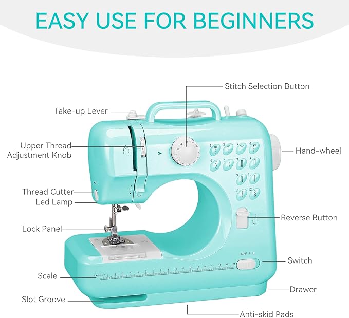 Sewing Machine for Beginners with Extension Table, Mini Electric Portable Sewing Machine with 12 Stitches LED Light and Accessories Kit for Home DIY Sew Project Cyan
