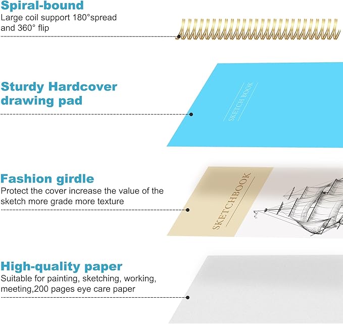 Yoment 5.5" x 8.5" Sketch Book Small Sketchbook for Drawing 100 Sheets Hardcover Spiral Sketch Pad for Kids(68lb/100gsm) Art Sketchbook Drawing Blank Paper Book for Beginners Artists with Pencil Blue