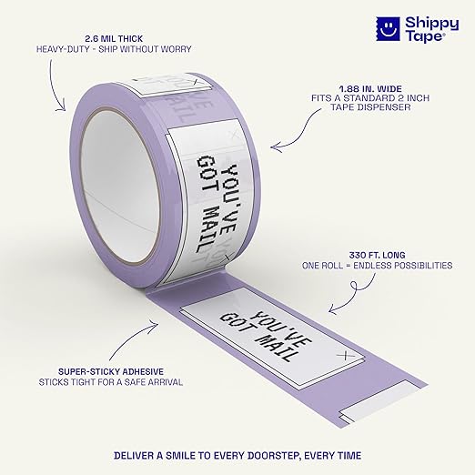 You’ve Got Mail Packing and Shipping Tape, White Purple Black Decorative, Cute Fun Printed Packaging Tape, 1.88" x 110 Yards (330 feet)