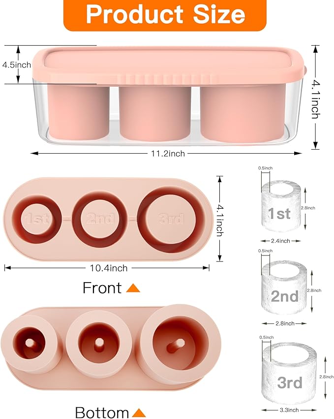 Ice Cube Tray for Tumbler Cup 30Oz-40Oz, 3 Pcs Silicone Cylinder Ice Mold with Lid and Bin for Freezer, Easy Fill and Release Ice Maker for Whiskey, Cocktail BPA-Free (Pink, 40Oz-Type2)