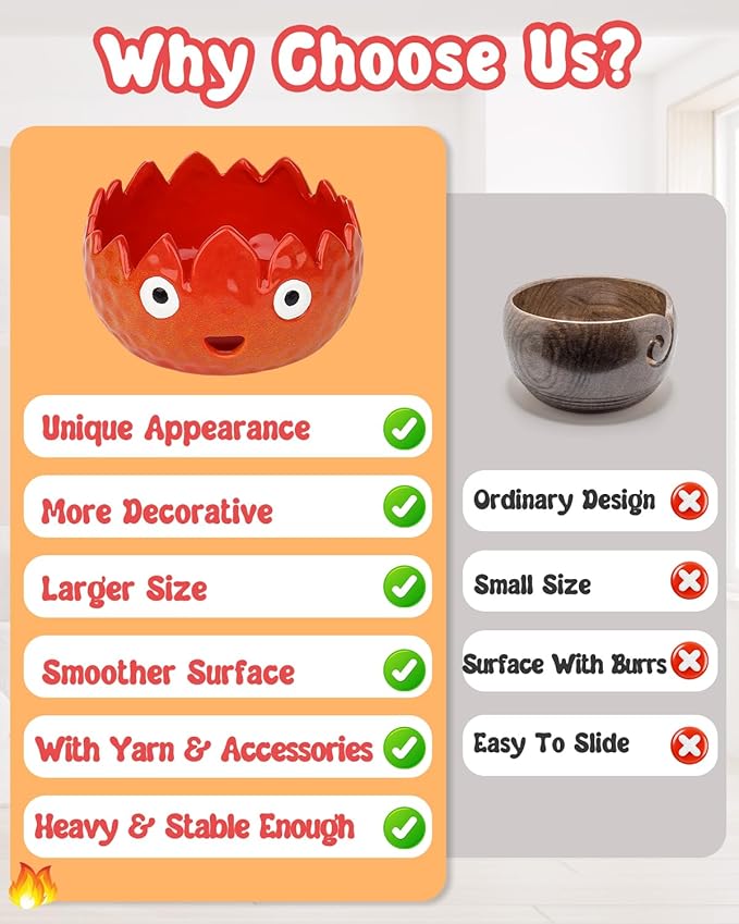 Coopay Flame Yarn Bowls for Crocheting/Knitting, Cute Yarn Storage Bowls with 7PCS Yarns, Large Size Ceramic Yarns Bowl Crochet Knitting Bowls for Beginners, Great Knitting Crochet Gift (7in)