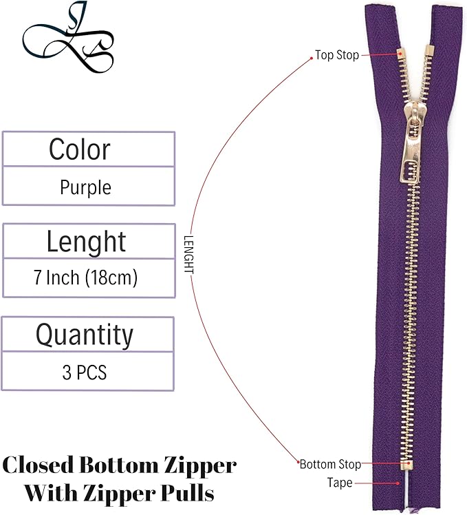 #5 Gold Metal Zipper - 50+ Colors - 3 PCS - (4-14 inches) Sizes - Luxury Lightweight Handcraft Metal Zippers with pulls for Purses Bags Pockets Shoes Sewing & Crafts DIY ZP02247