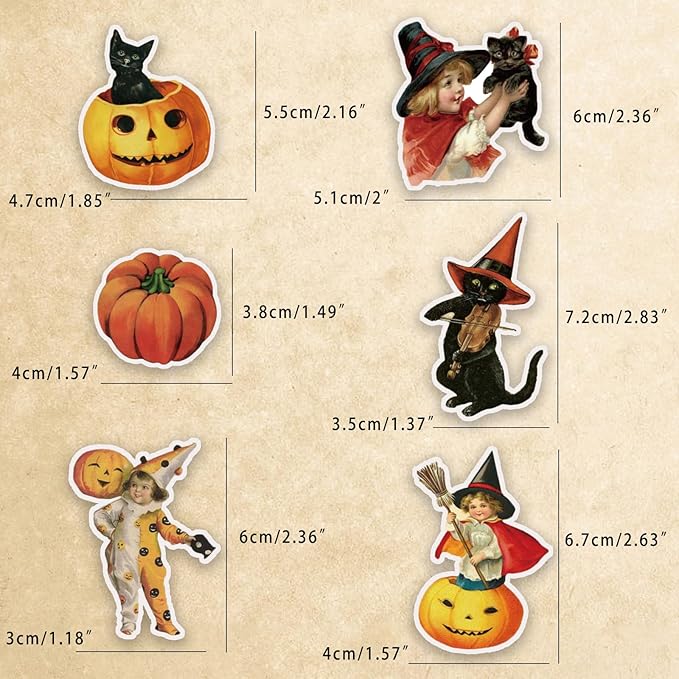 100 Pcs Vintage Witch Stickers, Retro Pumpkin Stickers for Scrapbook, Junk Journal, Collages, Halloween Party Favors, Waterproof Vinyl Stickers for Laptop, Phone, Window, Water Bottles