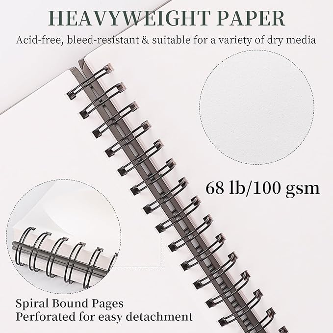 SuFly 9"x12" Drawing Paper, Pack of 2, 100 Sheets Each, Top Spiral Sketch Pad, 68lb/100gsm, White.