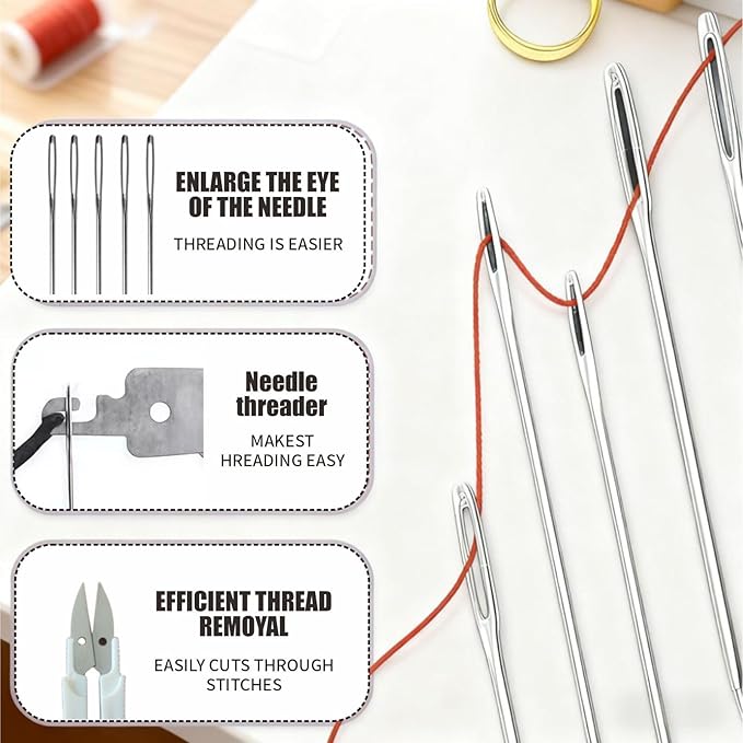 WHNICUST 46PCS Big Eye Stainless Steel Sewing Needles Kit, Hand Quilting Set with Threader and Thimble, Long Thin Needles for DIY Sewing