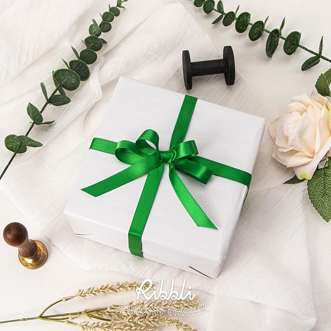 Ribbli Emerald Green Satin Ribbon Double Faced Satin 1/2 inch x Continuous 50 Yards-Green Ribbon for Gift Wrapping Crafts Wedding Decoration Bows Bouquet Floral Arrangement