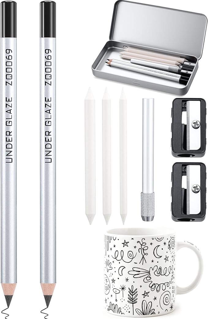 9 Pcs Underglaze Pencil Kits 2 Pcs Black Underglaze Pottery Pen for Ceramics with Blending Stump Pencil Extenders Sharpener Pen Case for Decorating Under Ceramic Pottery Bisque Ware