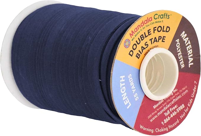 Mandala Crafts 55 Yards 1/2 Inch Navy Blue Double Fold Bias Tape for Sewing - Bias Binding Tape for Quilting Binding, Hemming, Seam, and Fabric Piping