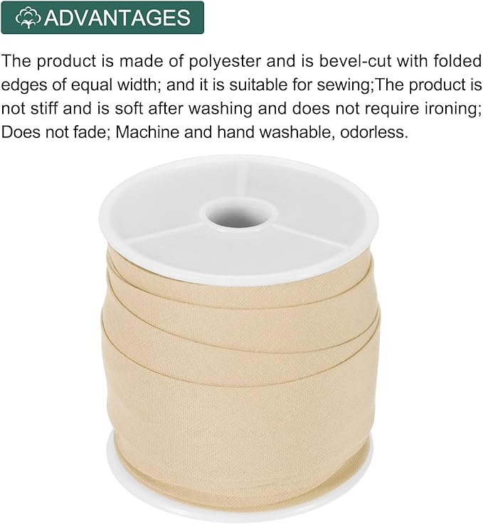 MECCANIXITY 1 Inch Single Fold Bias Tape Cotton Continuous Bulk Bias Tape for Sewing, Seaming Quilting Hemming Binding Crafts (Khaki 10 Yards)