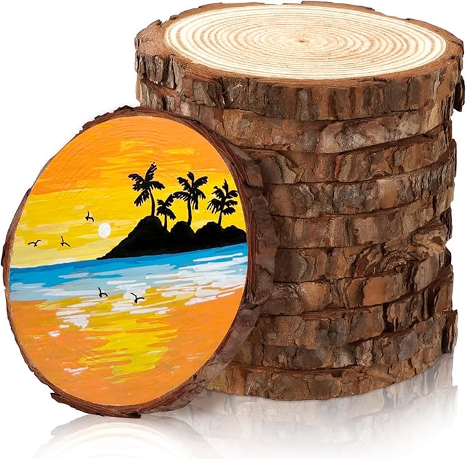 FSWCCK Unfinished Wood Slices for centerpieces,Round Wooden Discs with Tree Bark,Wood Cookies Circles for Crafts Christmas Ornaments,Wood Slice for Rustic Wedding Decoration (4"- 4 .7")