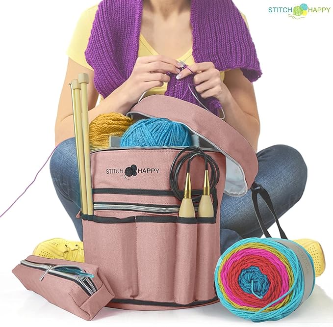 Designer Stitch Happy Crocheting Kit: 52 Piece Crochet Kit for Beginners & 7 Pocket Yarn Bag, Signature Yarn Storage - Tan
