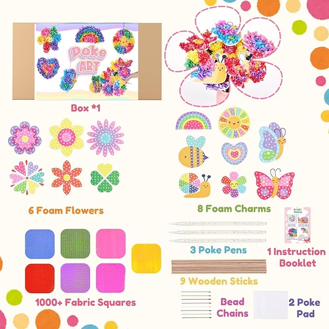 SOLDAY Poke Art Kits for Kids to Make Your Own Flowers Bouquet, Craft Kit with 6 Flowers, 8 Cute Hanging Charms, Mother Day Birthday Christmas Gift for Girls & Boys Ages 4-8