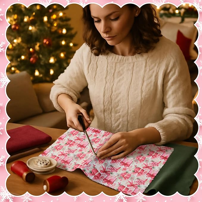 HunnmingRe 20 Pcs 10''x10'' Pink Christmas Quilting Fabric Square Santa Claus Nutcracker Quiltted Fabric Bundle Reindeer Snowman Precuts Printed Patchwork Supplies for Winter Xmas DIY Sewing Craft