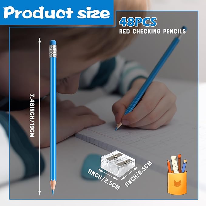 48 PCS Lightblue Checking Pencils Erasable Colored Pencils with Eraser Pre Sharpened Pencil 2 HB - Ideal for Checking, Grading, Tests & Office/School Supplies (Lightblue)