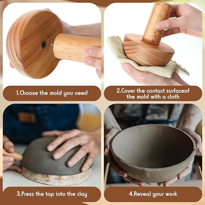 Doublefill 4 Pack Pottery Molds Plaster Molds Wood Pottery Tools with Handle for Ceramic Top Forms DIY Bowls Plate Dish Slump Press Art Making(Hemispherical,3.5'' 4.5'' 5.5'' 6.5'' Thickness 2.5'')