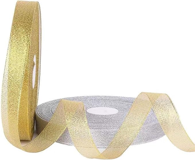 2 Rolls 50 Yards Width Metallic Glitter Ribbons 5/8 Inch Sparkly Fabric Wide Ribbon for Gift Wrapping, Crafts, Holiday Wedding Birthday Party Decoration Floral DIY Work(25 Yards Silver & Gold Ribbon)