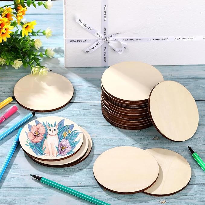 MoDooris 80 Pcs Unfinished Round Wood Slices 4" Natural Wooden Non-Slip Coasters 5mm Wooden Circle Board for DIY Craft, Engraving, Wood Burning, Pyrography, Drawing