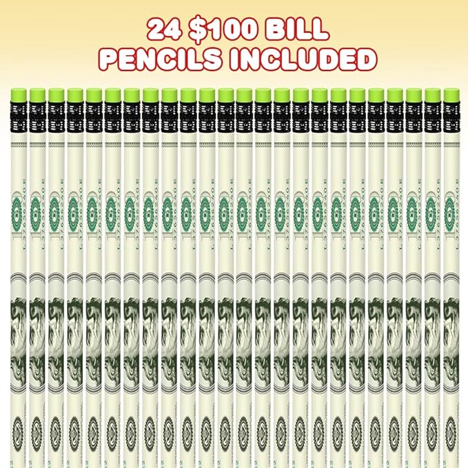 ArtCreativity $100 Bill Pencils - Set of 24 Fun Money Pencils with Erasers, Birthday Party Favors, Goody Bag Fillers & Classroom Teacher Supplies