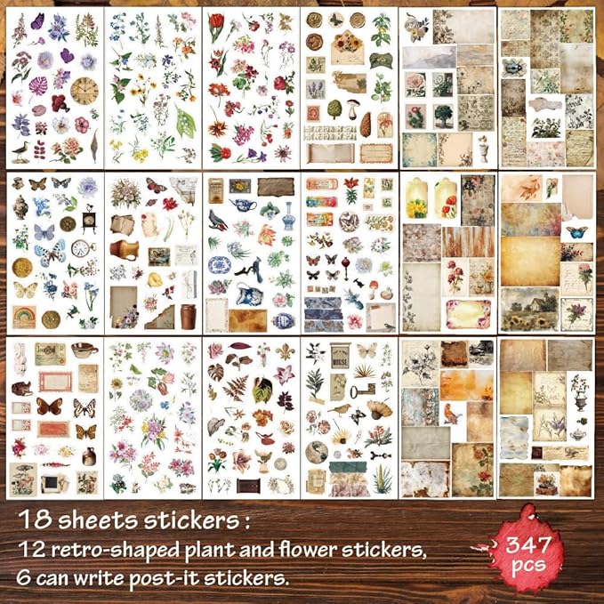 Vintage Cottagecore Stickers Set - 38 Sheets Retro Floral, Botanical Animal Washi Stickers & Writing Antique Scrapbook Paper for Journaling, Crafting, Art Projects
