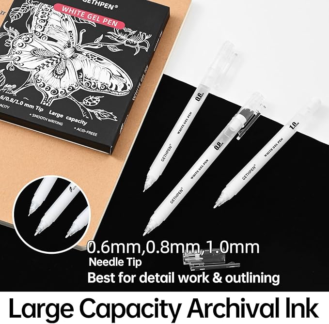 White Gel Pens,0.6mm 08mm 1.0mm Fine Point Opaque White Archival Ink Pen for Black Paper Drawing, Sketching, Illustration, Bullet Journaling, Pack of 9