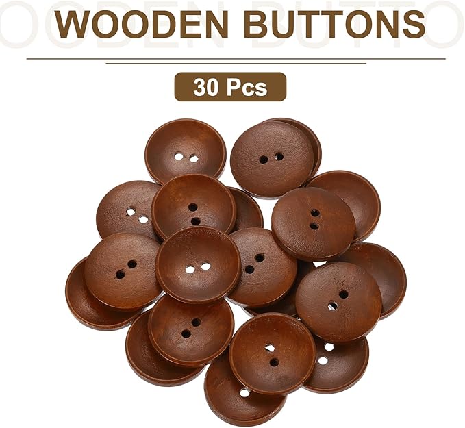 uxcell 30Pcs Wooden Buttons, 35mm(1.38 Inch) 2 Hole Round Wood Sewing Button Craft for Sewing DIY Craft Clothing, Brown