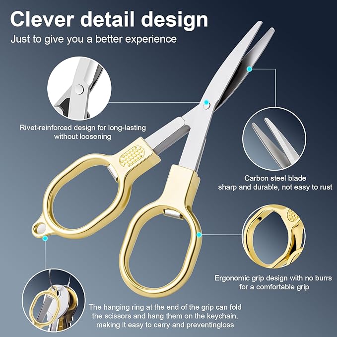 2 Pcs Folding Stainless Steel Portable Mini Small Travel Scissors, Safety Foldable Pocket Badge Nursing Scissors with 2 Keychain for Travel, Home, Office, Craft, Sewing (Gold)