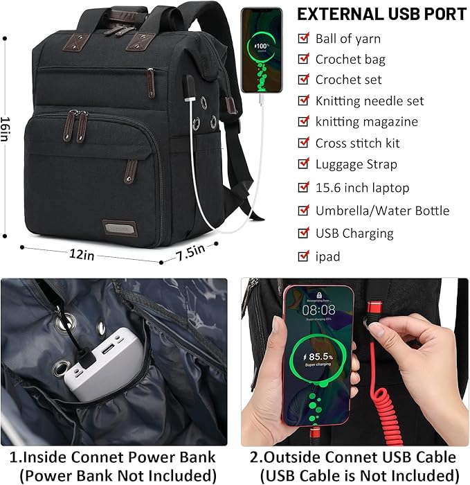 Crochet Backpack,Knitting Bag Backpack Yarn Storage Organizer Travel Crochet Bag with USB Charging Port,Yarn Tote Bag Yarn Holder Case for Knitting Needles, Crochet Hooks,Crochet Accessories,Black