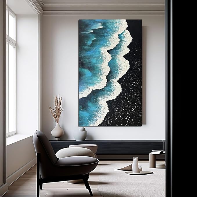 YaSheng Art - Oil Painting on Canvas Texture Black and White Blue Ocean scenery sandbeach 3D Oil Painting Hand-Painted Abstract Artwork Paintings Modern Home Decor Living room sofa bedroom dining room hanging pictures Canvas Wall Art 24x48inch