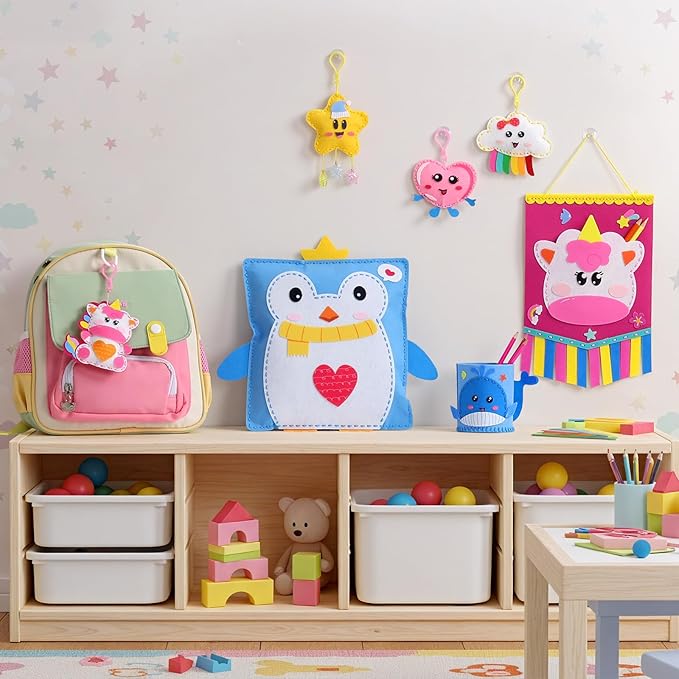 Funtopia Felt Sewing Crafts for Kids Ages 4-12, 10 Easy DIY Projects Kids Sewing Kit with Tutorial, Learn to Sew Plush Pillow Hanging Organizer Handbag, Beginner Sew Toys and Birthday Gift for Girls