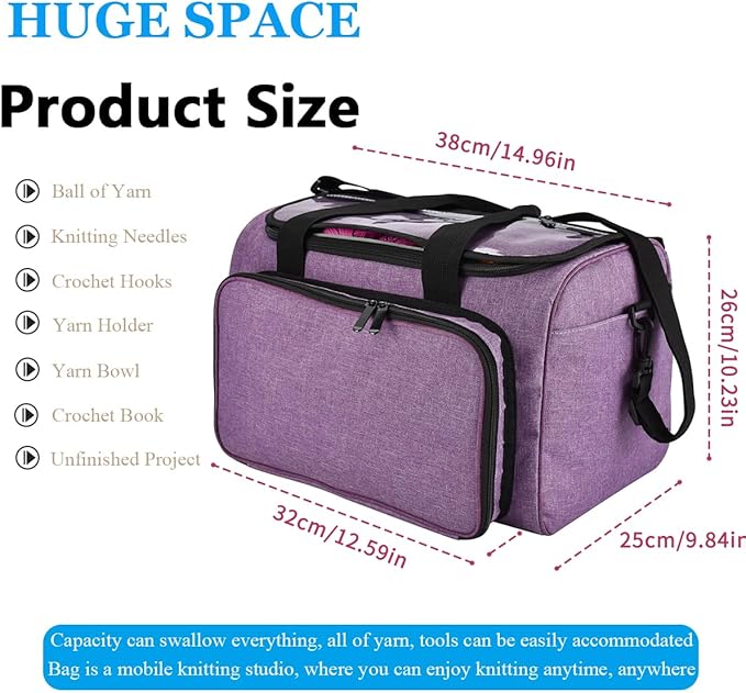 Weabetfu Large Crochet Bag Knitting Bags and Totes Organizer Huge Yarn Bag Storage for Crocheting Knitter,Crochet Hooks,Knitting Needles Kit,Supplies,Yarn - Ideal Crochet & Knitting Gift(Purple)