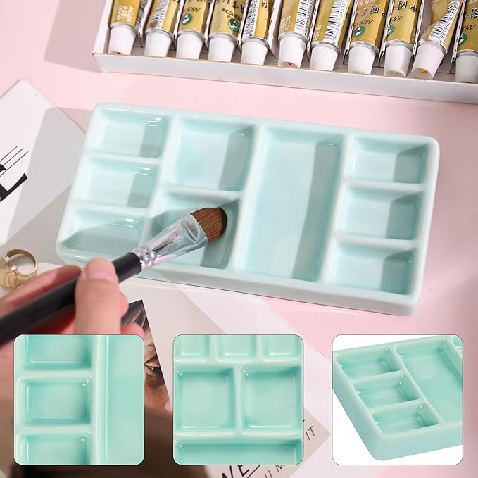 Porcelain Watercolor Palette - 10 Well Ceramic Artist Paint Palette with Mixing Tray for Painting and Craft Projects（Green）