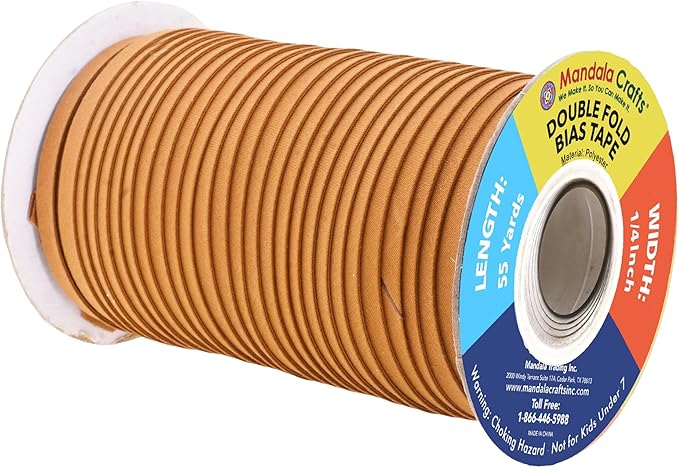 Mandala Crafts 55 Yards 1/4 Inch Camel Double Fold Bias Tape for Sewing - Bias Binding Tape for Quilting Binding, Hemming, Seam, and Fabric Piping